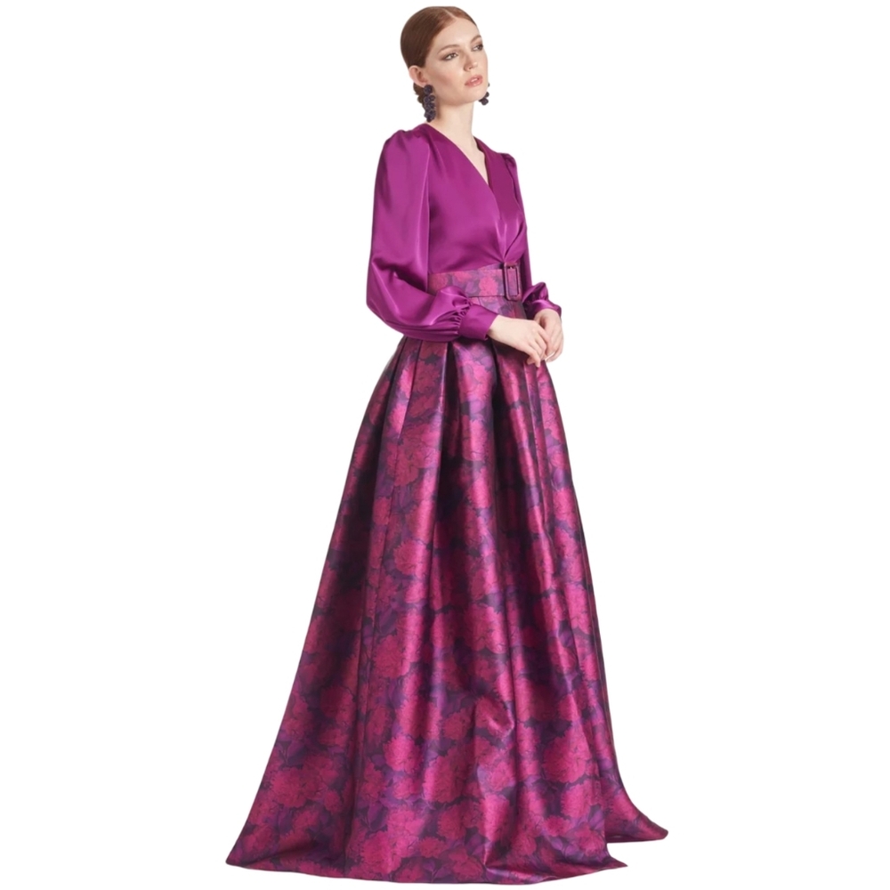 Sachin & Babi Zoe Magenta Floral Jacquard Satin Puff Sleeve Gown Belted‎ Pockets